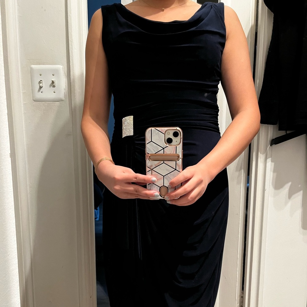 Midi dark blue dress with crystal buckle